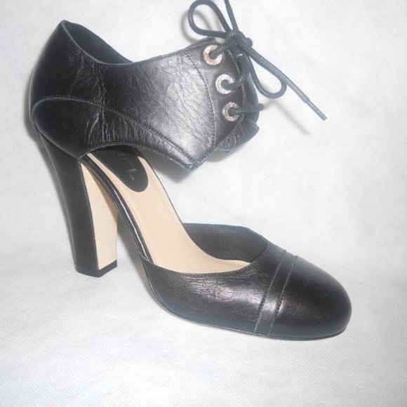CHANEL Black Leather Cinema Mary Jane Lace Tie Up Pumps Shoes Heels - Picture 2 of 14